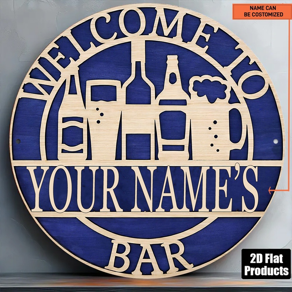 Wine In Beer Name - [2D Flat] ป้ายไม้ทรงกลมแบบเจาะรูพร้อมชื่อที่กำหนดเอง 1 ชิ้น สำหรับตกแต่งผนัง