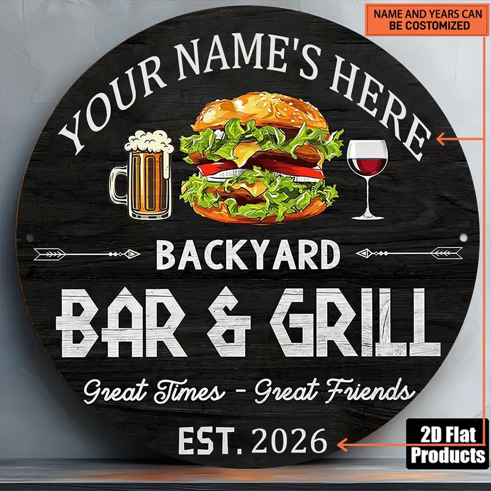 Wine In Beer Name - [2D แบน] ป้ายโลหะทรงกลมสำหรับตกแต่งผนังภายนอกบ้าน 1 ชิ้น พร้อมชื่อที่กำหนดเอง