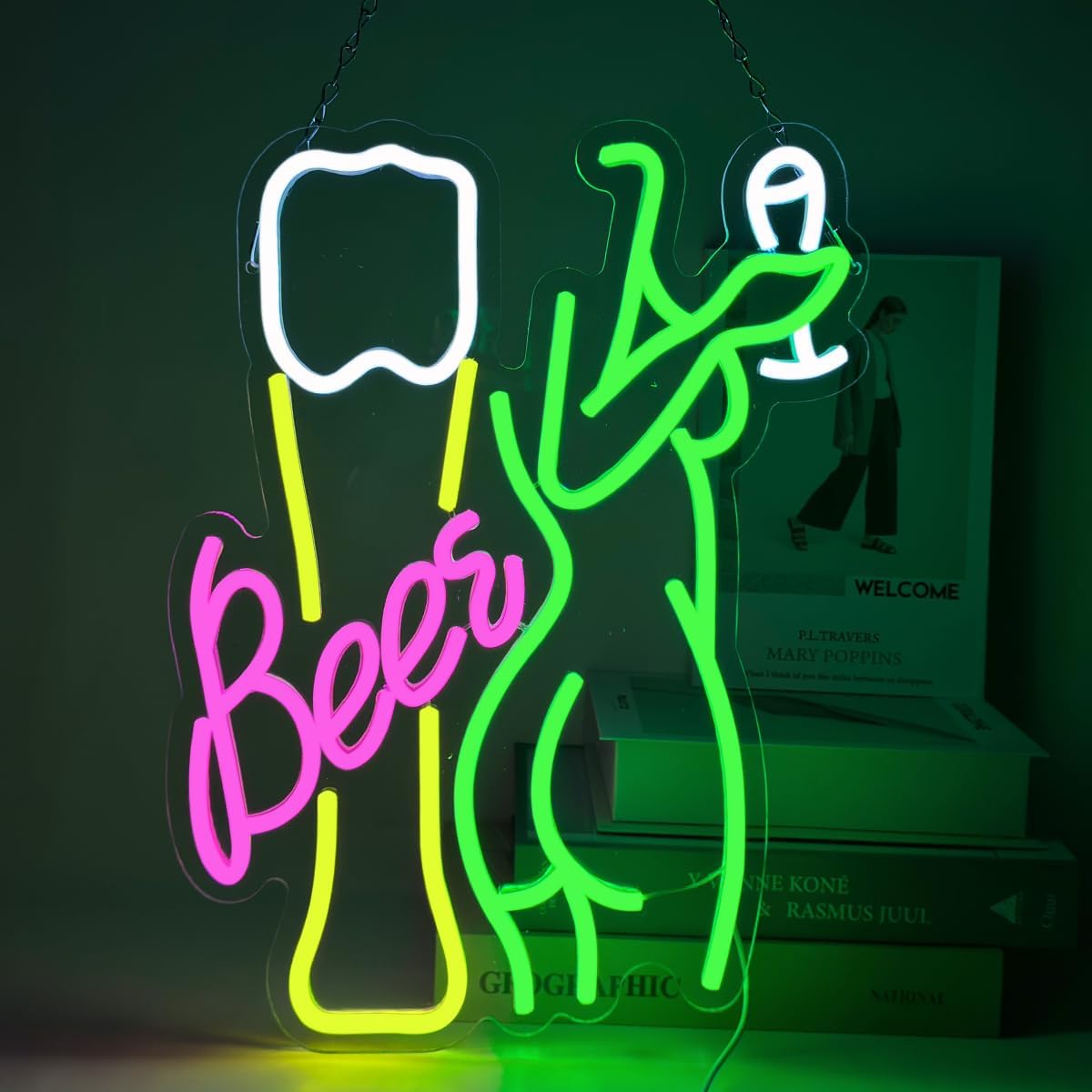 Wine In Beer Store - ป้ายไฟนีออนรูปทรงผู้หญิง ไฟนีออน LED รูปแก้วไวน์ ไฟโฆษณา ใช้พลังงานจาก